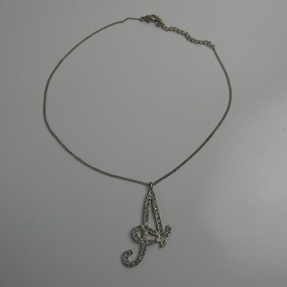 A Letter Alphabet Rhinestone Cursive Initial Name Silver Tone Pendant Necklace - Picture 2 of 9
